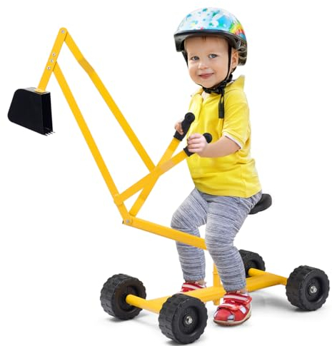 DREAMADE Sitzbagger Metall, Bagger zum draufsitzen mit 360°drehbarem Sitz & 4 Rädern, Sandkasten Aufsitzbagger, Sandspielzeug, Sandbagger für Kinder ab 3 Jahren (Gelb)