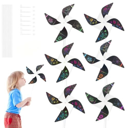 MONCAP 24 Stück Windrad Kratzbilder Kinder Windrad Bastelset Windmühle Kinder Kratzpapier Windrädchen Kreative DIY für Mädchen Junge Kindergeburtstag Garten Party Geschenk