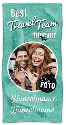 PR Print Royal Personalisiertes Handtuch mit Foto Bedrucken - Travel Team - Handtuch mit Namen Bedrucken - Camping, Geschenk für Freunde, Familie, Camper | Individuelles Fotohandtuch - 140 x 70 cm