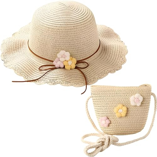 2 Stück Mädchen Sonnenhut und Strohstricktasche, Strohhut und Kleine Tasche Set mit Blumendekoration, Sonnenschutz Atmungsaktiver Kinder Sonnenhut, Sommerhut Strandhut für Reisen Outdoor (Beige)