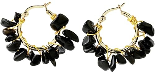 Schwarze Turmalin-Ring-Ohrringe Für Damen – Aura-Chip,Hohler Schwarzer Turmalin,Runde Ohrringe,Schmuck,Damen-Anhänger,Modischer Handgefertigter Strandschmuck,Schwarz