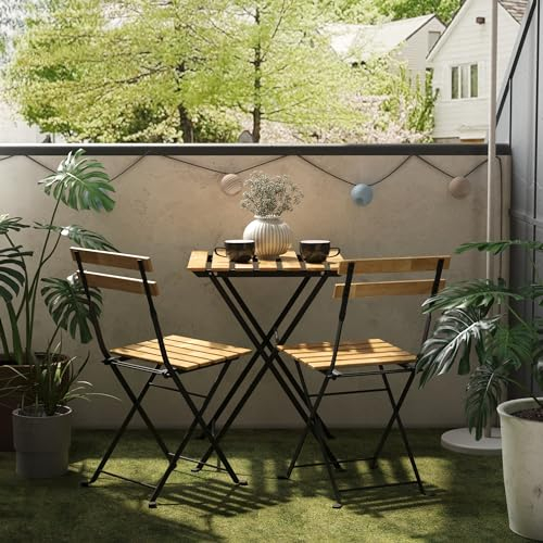 casa.pro Set de Bistrot 3 Pièces avec Table et 2 Chaises Pliantes Ensemble de Meuble de Jardin Balcon Patio Terrasse Capacité 110 kg par Chaise Acier Laqué Bois d'Acacia Noir Naturel