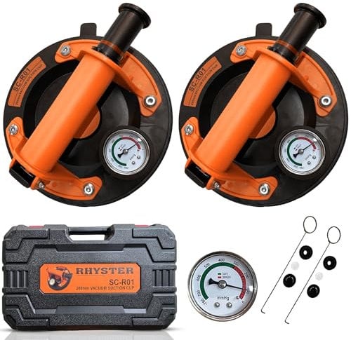 RHYSTER® 2 Ventose per Piastrelle con Manometro e Indicatore di Sicurezza, Diametro 200 mm, Supporto Fino a 300 kg, Ideale per Piastrelle, Vetri, Parabrezza, Mobili, Kit di Ricambio per Valvole
