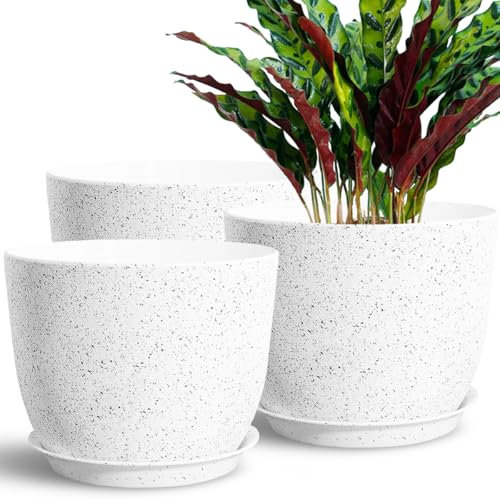 SE SUN-E 3 pezzi* 25CM set di vasi per piante per interni esterni, vasi da fiori per casa, vasi per piante con foro di drenaggio e piattino vaso di decorazione in plastica, bianco maculato