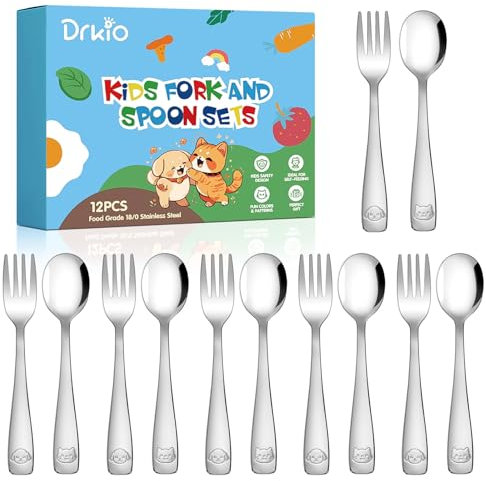 DRKIO Stainless Steel Toddler Utensils Set - 12 Pieces Kids Silverware Set Children Safe Food Grade Small Forks and Spoons Dishwasher Safe Mirror Polished