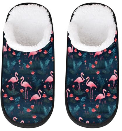 GeMeFv Pantofole da donna e uomo con fenicottero rosa, calde, morbide, accoglienti, antiscivolo, per interni, Foglie di fenicottero rosa, Large Wide