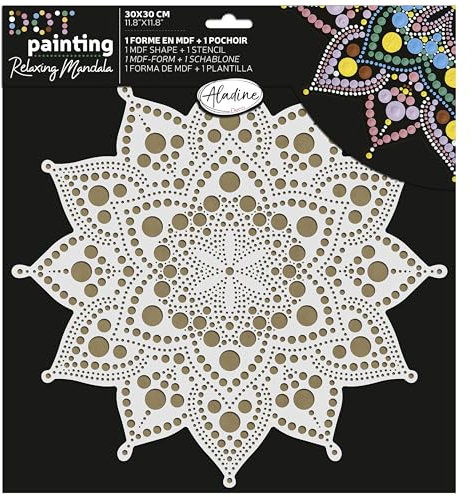Aladine - Mandala-Mal-Set 30 cm - Dot-Malerei-Set mit Mandala-Schablone & Ständer aus Holz - für Teenager und Erwachsene
