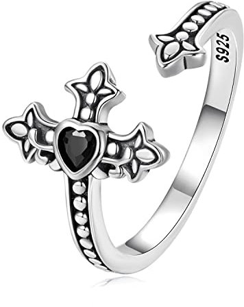 Kerraom Verlobungsring Kreuz Ring Herz Schwarz Glaube Silberring Damen 925 Silber Einstellbare Öffnen Ringe Christliche Kreuzring Vintage Geschenk für Frauen Mädchen