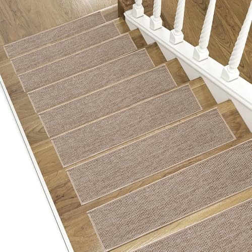 Artnice 15 peldaños antideslizantes para peldaños de madera para interiores de 8 x 30 pulgadas, alfombra de peldaños para escaleras, superficie de lino grueso con respaldo autoadhesivo y lavable