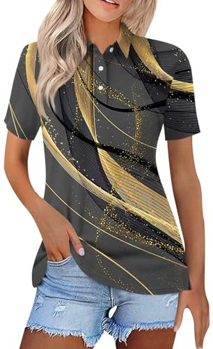 Tops for Women UK Print Ladies Golf Polo Shirts Short Sleeve Lapel Collared Novelty T-Shirts Summer Work Business Button Tops for Women UK 03-Gold L