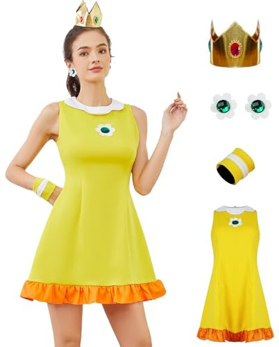 AYYOHON Prinzessin Daisy Kostüm Frauen Pfirsich Cosplay Tennis Kleid Rock Krone Ohrringe Armband Erwachsene Halloween Anzug