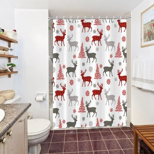 Duschvorhang 150x200cm, Uiiooazy Duschvorhang Anti Schimmel Rot Grau Weihnachten Abstrait Weihnachtsbaum Elch Duschvorhänge Stoff Waschbar Wasserdicht Polyester Bad Vorhang mit 10 Haken für Badezimmer