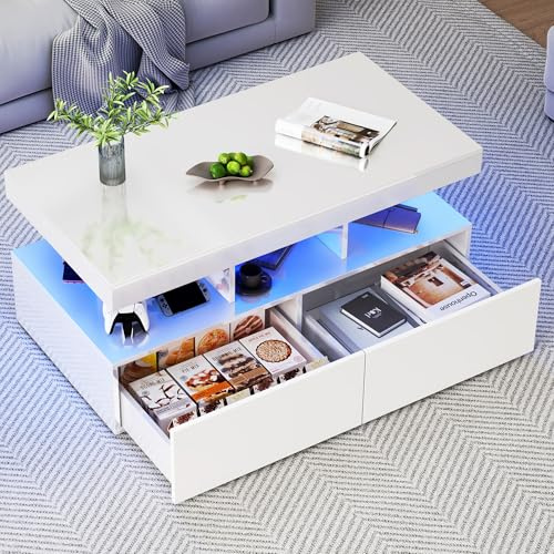 FEEOHOME Couchtisch Hochglanz mit LED, couchtisch Weiß mit Offenem Ausstellungsregal und 2 Schubladen, Couchtisch für Wohnzimmer Modern, 104x53x46cm