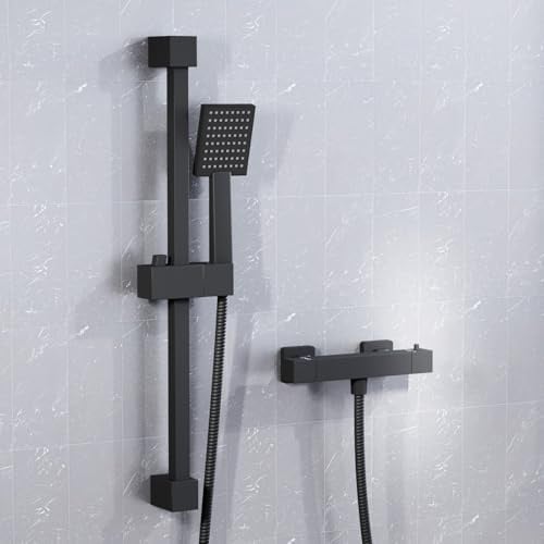 Nes Home Square Matte Black Thermostatic Shower Bar Valve Single Outlet with Shower Slider Rail Kit