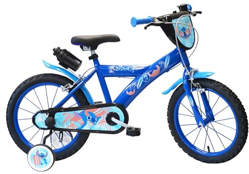 Vélo 16'' Garçon Stitch - 2 Freins Caliper - Pneus Gonflables - Plaque Avant décorative - Bidon et Porte-bidon arrière - Garde-Boue - Carter de Protection - 2 Stabilisateurs avec Montage sans Outils