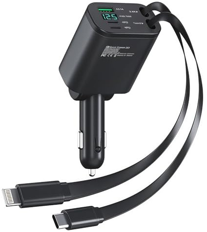 80W Retractable Car Charger - 12V Cigarette lighter Adapter with USB C and Lightning Cable,Fast Charging for iPhone 17/16/15/14/13/12/Google/Samsung,Car Accessories Practical Gifts for Men Dad Husband