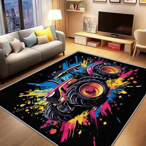 AevuCub Traktor Deko, Jungen Trecker Teppich 100x150 Kurzflor, Teppich Wohnzimmer Cool Auto, Weich rutschfest Waschbare Teppiche, Bettvorleger Schlafzimmer Kinderzimmer