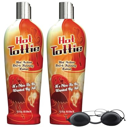 Hot Tottie Tanning Accelerator Lotion 250ml 2 Pack with Sunbed Goggles – Tingling Tan Enhancer with Vitamins A C E, Mango & Cocoa Butter, Candyfloss Mocha Fragrance for Sunbeds & Natural Sunlight