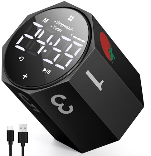 DoubleCare Pomodoro Timer,25/5 Pomodoro,1/3/5/10/25/30/60 Min, Custom Countdown,Lautlos/Vibration/Ton,Pause & Weiter,1.8'' LED-Digitaldisplay mit automatischer Drehung im Büro Lernen Fitness,Schwarz