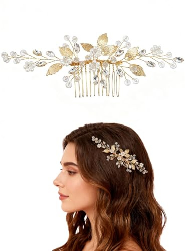 ZWWOGE Adorno Capilar de Hojas, Adorno de Pelo de Novia para Boda con Horquillas, Flores y Hojas con Perlas y Cristal, Peine de Pelo en Oro, Peine de Novia Elegante Hecho a Mano/Pinza para Mujeres