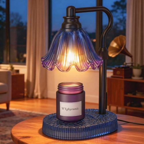 Flower Candle Warmer Lamp with Timer & 4-Level Dimmer, Adjustable Height | Flameless Electric Wax Warmer for Jar Candles, Wooden Base, Blue, Gift for Mom & Women, Birthday & Housewarming