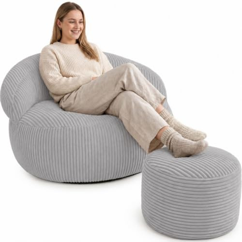 bananair - Pouf Salon & Chambre en Velours Côtelé avec Repose Pieds - Pouf Fauteuil XXL Doux & Élégant - Housse Lavable en Machine - Idéal Salon, Chambre Adulte, Ado (110x100cm, Gris Clair)