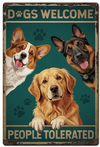SUPERDANT Golden Retriever Blechschilder Willkommens Hund Retro Blechschild Plakette Vintage Text Metallschild Für Eingang Diele Korridor Wohnzimmer Innen Außen Wand Kunst Geschenke 20x30cm