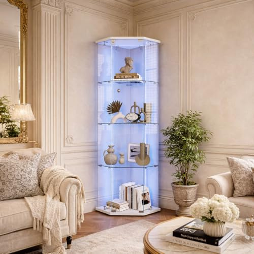 Eckvitrine Glasvitrine mit Led,Vitrine Stehend Sammlervitrine Vitrine Glas mit 1 Türen und 4 Etagen, Standvitrine Vitrinenschrank Schauvitrine für Wohnzimmer, Schlafzimmer (Weiß + Lichtband)