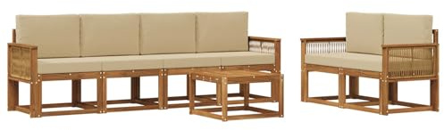 vidaXL Outdoor-Sofagarnitur mit Kissen 7 pcs Natur und Beige Polyester, Moderne Outdoor-Sofagarnitur, robuste Eckcouch, stylisches Gartenmöbel, Akazienholz, Bequeme Sitzplätze