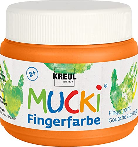 KREUL 23103 - Mucki leuchtkräftige Fingerfarbe, 150 ml in orange, auf Wasserbasis, parabenfrei, glutenfrei, laktosefrei und vegan, auswaschbar, vermalbar mit Pinsel, Schwamm, Spachtel und Fingern