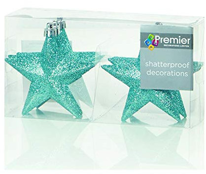 6 x Christmas Ice Blue Tree Decorations Glitter Star Baubles