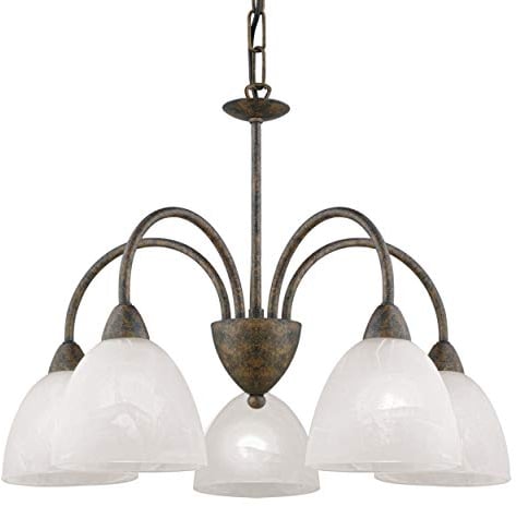 EGLO Pendelleuchte Dionis, 5 flammige Hängelampe Vintage, Rustikal, Hängeleuchte aus Stahl und Alabaster-Glas in Rostfarben, Weiß, Esstischlampe, Wohnzimmerlampe hängend mit E14 Fassung