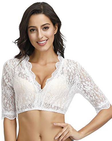 TrendiMax Damen Elegante Dirndlbluse, Schwarz Weiß Dirndl Bluse mit Spitze, Trachtenbluse für Oktoberfest, Weiß Blumen, 42