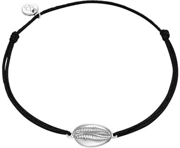 GLANZSTÜCKE MÜNCHEN Damen-Textilarmband schwarz Muschel Sterling Silber 15-22 cm - Armkettchen Textil Armband mit Anhänger Stoffbändchen maritim
