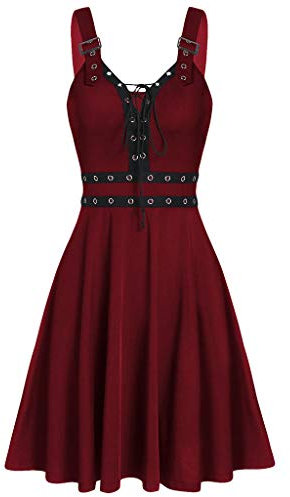 riou Vestido de Tirantes con Tira sin Mangas para Mujer Gótico Punk Vestido Vintage para Muejeres Cuello V de Fiesta Noche Vestido de Fiesta