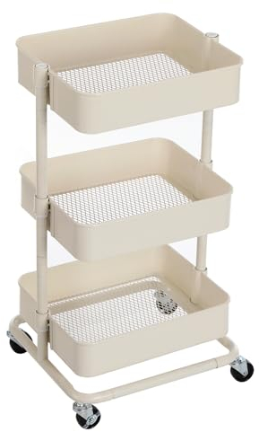 SONGMICS Carro de Almacenamiento de 3 Niveles, Estantería con Ruedas, con Estantes Ajustables en Altura, con 2 Frenos, Montaje Sencillo, para Baño, Cocina, Oficina, Blanco BSC60WT