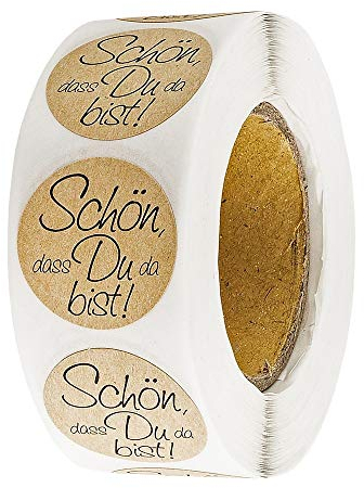 Ideen mit Herz Kraftpapier-Sticker | Schön, dass du da bist | Ø 2,5cm | Etiketten-Aufkleber auf Rolle | 500 Stück | ideal für Hochzeit, Geburtstag, Konfirmation, Taufe und andere Feste