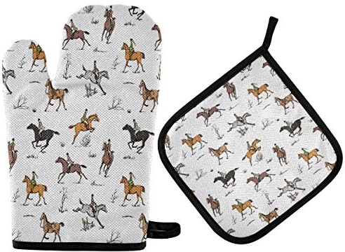 HMZXZ RXYY Tier Pferd Kunst Malerei Ofenhandschuhe Gesteppt Baumwolle Beschichtung Topflappen BBQ Handschuhe-Ofenhandschuhe Hitzebeständig Küche Sicher Matten für Backen Kochen