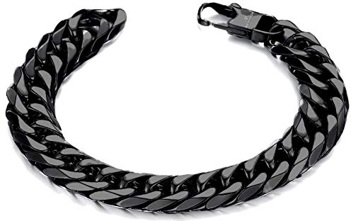 MENDOZZA Herren Edelstahlarmband Panzerkette Cuban Link Armband 10mm breit Karabinerverschluss Schwarz 21cm