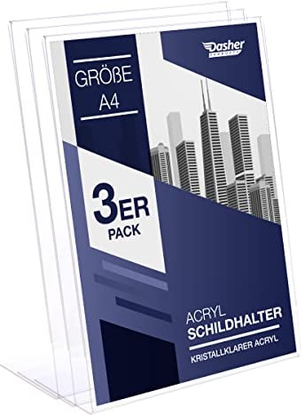 Porte-Document A4 Incliné en Acrylique Transparent, Pack de 3. Présentoir de comptoir, publicité, cadre photo, pancartes, brochures, dépliants, menus, affichage. Maison, bureau, magasin, restaurant
