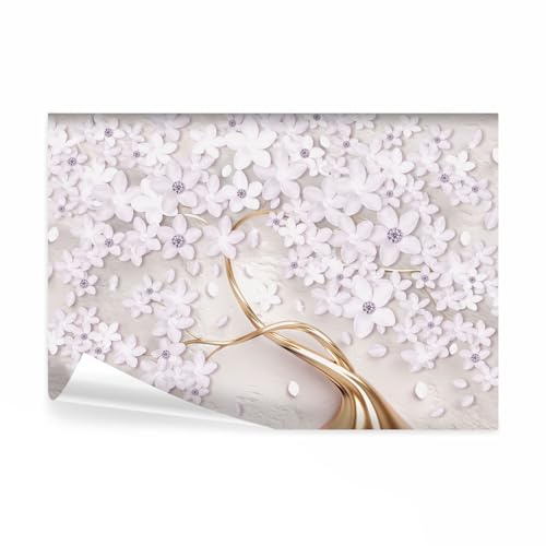 decomonkey Fototapete Blumen Baum, 300x210 cm, xyz Beton Abstrakt Blüten | Ornament, Gold, 3D, Effekt, Vlies, Schlafzimmer, Wohnzimmer, Tapete, Fototapeten, Tapeten, Vliestapete, Wandtapete, Wand