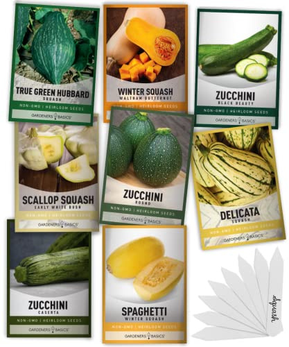 Gardeners Basics, 8 Squash Seeds for Planting Individual Packets - Zucchini, Delicata, Butternut, Spaghetti, Scallop, Caserta, Round and Hubbard for Your Non GMO Heirloom Vegetable Garden