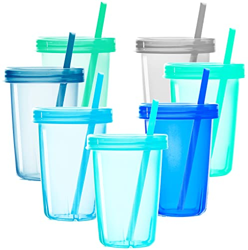 Youngever 7 Sets Plastic Kids Cups with Lids and Straws, 7 Re-usable Toddler Cups with Straws in 7 Coastal Colors