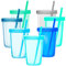 Youngever Lot de 7 verres pour enfants avec paille 7 verres en plastique réutilisables avec couvercle paille (Coastal)