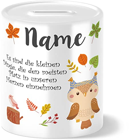 OWLBOOK® Herbst Eule Spardose Kinder personalisiert | Geschenke zur Einschulung | Taufgeschenke | Geschenk Taufe Geburt Geburtstag Junge Mädchen | Sparschwein | Sparbüchse | Wiederverschließbar