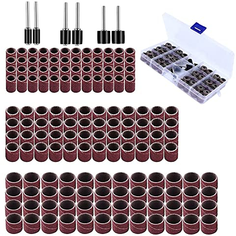150 Stücke Schleifhülsen Schleifen Dorn Set, Schleifwalze Schleifaufsatz, Drum Sander Set, für Holz Metall Drehwerkzeug Polieren Rostentfernung (144 Stück Schleifband Sleeves + 6 Stück Schleifwalze)