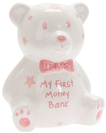 L & P Home & Gifts My First Teddy Bank, Keramik, Weiß, Rosa, 12 x 8 x 10 cm