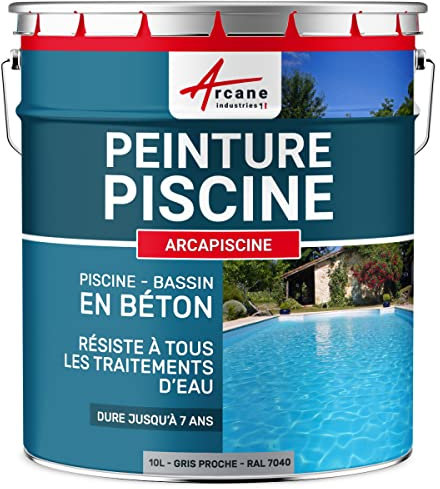 Peinture Piscine Bassin Béton ARCAPISCINE Ciment Décoration Imperméable Bleu Blanc Gris Grise Jaune Sable Noir Vert - 10 L Gris Telegris 4 - RAL 7047 - ARCANE INDUSTRIES