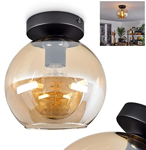HOFSTEIN Deckenleuchte Koyoto, moderne Deckenlampe aus Metall/Glas in Schwarz/Bernsteinfarben, 1-flammige Leuchte im Retro/Vintage-Design mit Schirm aus Glas (Ø 20 cm), 1 x E27, ohne Leuchtmittel