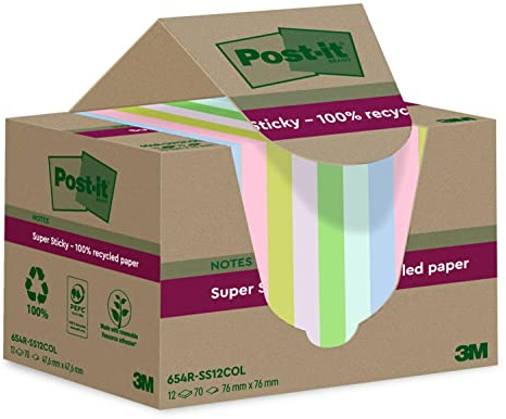 Post-it Super Sticky Recycled Notes, 12 Pads (840 Sheets), 76 mm x 76 mm | Self-Stick Notes Made from Recycled Paper, Stronger Hold, for Reminders, Lists and Planning, Adhesive on Vertical Surfaces